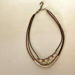 Triple strand brown beads and metallic necklace. Adjustable 17-19” length.
